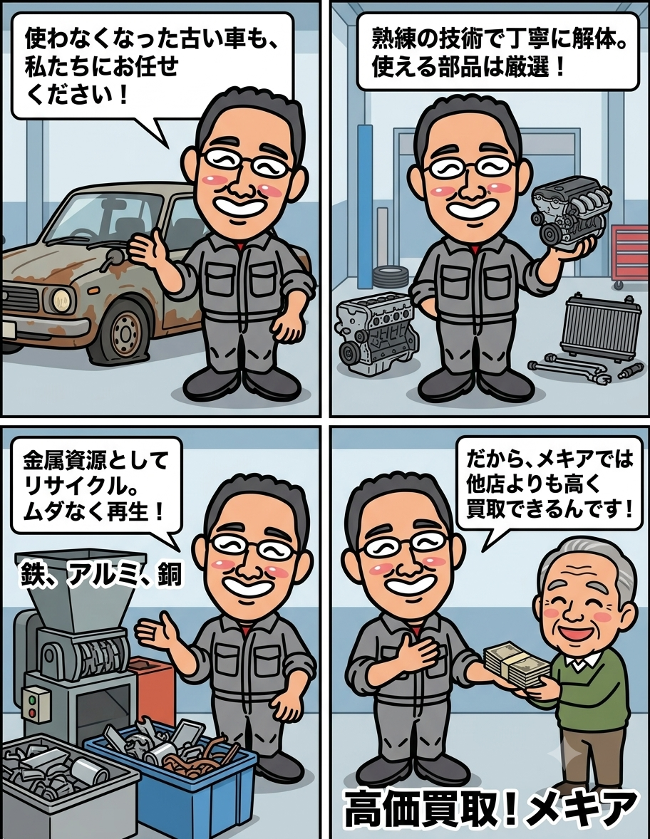 使用済み自動車を解体・リサイクルしているから高価買取できる理由を説明する4コマ漫画